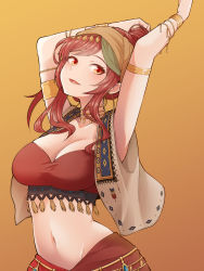 Rule 34 | 1girl, :d, absurdres, alternate costume, armlet, armpits, arms up, bandeau, blush, bracelet, breasts, brown background, brown eyes, brown hair, choker, cleavage, collarbone, commentary request, dancer, grey vest, groin, highres, idolmaster, idolmaster shiny colors, jewelry, large breasts, long hair, looking at viewer, midriff, navel, open mouth, osaki amana, red bandeau, red skirt, sidelocks, simple background, skirt, smile, solo, standing, stomach, tagme, tassel, tokufumi, upper body, vest
