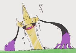 Rule 34 | aegislash, anger vein, angry, artist name, black sclera, bright pupils, buried, colored sclera, creatures (company), game freak, gen 6 pokemon, grass, grey background, half-closed eyes, heavy breathing, inconvenient abilities, japanese text, looking down, nintendo, no humans, one-eyed, outdoors, planted, pokemon, pokemon (creature), purple eyes, rize (r), simple background, solo, stuck, sweat, sword, translation request, trembling, twitter username, watermark, weapon, white pupils
