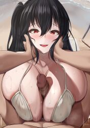 Rule 34 | 1girl, azur lane, bikini, black hair, blush, breasts, censored, collarbone, commentary, english commentary, erection, hair between eyes, highres, large breasts, looking at viewer, mosaic censoring, official alternate costume, outdoors, paizuri, paizuri under clothes, parted lips, penis, pov, red eyes, side ponytail, smile, swimsuit, taihou (azur lane), taihou (seaside daydreams) (azur lane), water, white bikini, yua (argaoffroad)