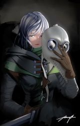 Rule 34 | 1girl, bad id, bad pixiv id, darkest dungeon, gloves, green eyes, houtachi, knife, looking at viewer, mask, unworn mask, plague doctor, silver hair, solo
