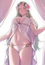 Rule 34 | 1girl, alternate costume, bikini, blush, breasts, cape, circlet, cleavage, closed mouth, commentary, cowboy shot, curtains, fire emblem, fire emblem: three houses, flower, green eyes, green hair, hair flower, hair ornament, hibiscus, highres, ikarin, large breasts, long hair, navel, nintendo, rhea (fire emblem), simple background, solo, swimsuit, white background, white bikini, white cape, white flower