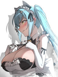 Rule 34 | 1girl, animal ears, apron, black dress, blue hair, blush, breasts, cat ears, cleavage, clenched teeth, dress, elbow gloves, fake animal ears, gloves, goddess of victory: nikke, hands on own chest, hatenoga, large breasts, light blue hair, long hair, maid, maid headdress, neck bell, official alternate costume, paw hair ornament, privaty (nikke), privaty (unkind maid) (nikke), solo, sweatdrop, teeth, twintails, very long hair, white apron, white gloves, yellow eyes