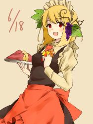 Rule 34 | 1girl, aki minoriko, alternate headwear, apron, blonde hair, dated, food, fruit, grapes, hair ornament, highres, leaf, looking at viewer, maid headdress, nagata nagato, open mouth, red eyes, short hair, simple background, sketch, smile, solo, sweet potato, touhou, yellow background