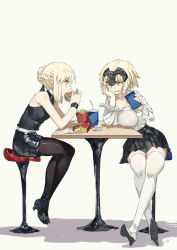 Rule 34 | 2girls, alternate costume, artoria pendragon (all), artoria pendragon (fate), bad id, bad pixiv id, bare shoulders, black legwear, blonde hair, breast rest, breasts, brown eyes, burger, club3, eating, fate/grand order, fate/stay night, fate (series), food, french fries, full body, helmet, high heels, highres, jeanne d&#039;arc (fate), jeanne d&#039;arc (ruler) (fate), jeanne d&#039;arc alter (avenger) (fate), jeanne d&#039;arc alter (fate), large breasts, looking at another, multiple girls, pantyhose, pleated skirt, saber (fate), saber alter, short hair, sitting, skirt, sleeveless, smile, thighhighs, white legwear