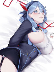 Rule 34 | 1girl, absurdres, ako (blue archive), arms behind back, black thighhighs, blue archive, blue eyes, blue hair, blush, breasts, clenched teeth, collar, doodle sensei (blue archive), earrings, hairband, halo, highres, jewelry, kumiko shiba, leash, long hair, looking at viewer, lying, on side, pencil skirt, sensei (blue archive), sideboob, skirt, solo, sweatdrop, teeth, thighhighs
