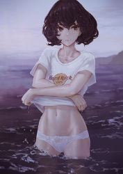 Rule 34 | 1girl, black eyes, black hair, bob cut, bow, bow panties, closed mouth, clothes lift, clothes writing, cloud, cloudy sky, collarbone, day, dripping, fog, highres, kaoming, lifting own clothes, lips, looking at viewer, navel, ocean, original, outdoors, panties, see-through, shirt, shirt lift, short hair, short sleeves, sky, solo, stomach, t-shirt, underwear, undressing, wading, water, water drop, wet, wet clothes, wet hair, wet panties, wet shirt, white bow, white panties, white shirt