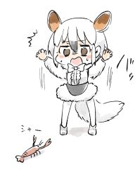 Rule 34 | ^^^, 10s, 1girl, animal ears, black hair, blush stickers, bow, bowtie, commentary, extra ears, fur trim, hair between eyes, hands up, kemono friends, multicolored hair, open mouth, panzuban, scared, short hair, shrimp, simple background, solo, southern tamandua (kemono friends), tamandua ears, tamandua tail, two-tone hair, wavy mouth, white background, white hair