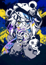 Rule 34 | 1girl, animal ears, animal hood, bandaged head, bandages, bandaid, bandaid on hand, bear ears, bear hood, blue eyes, cellphone, commentary request, cropped torso, fake animal ears, fringe trim, hair between eyes, hands up, heterochromia, highres, holding, holding phone, hood, hood up, hoodie, looking at viewer, nou (nounknown), original, phone, pill, scarf, solo, stuffed animal, stuffed toy, teddy bear, tongue, tongue out, upper body, yellow eyes