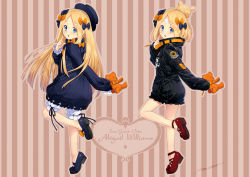 Rule 34 | 2girls, abigail williams (fate), abigail williams (traveling outfit) (fate), alternate hairstyle, bandaid, bandaid on face, bandaid on forehead, belt, black bow, black dress, black hat, black jacket, blonde hair, bloomers, blue eyes, blush, bow, character name, commentary request, dress, dual persona, fate/grand order, fate (series), forehead, full body, hair bow, hair bun, hat, high collar, holding, holding stuffed toy, index finger raised, jacket, kazuma muramasa, legs, loafers, long hair, looking at viewer, multiple girls, multiple views, official alternate costume, open mouth, orange bow, parted bangs, polka dot, polka dot bow, shoes, single hair bun, sleeves past fingers, sleeves past wrists, striped, striped background, stuffed animal, stuffed toy, teddy bear, thighs, underwear, white bloomers