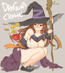 Rule 34 | &gt; &lt;, 2girls, apple, bad id, bad pixiv id, bare legs, bare shoulders, bespectacled, blonde hair, blush, breasts, brown hair, cleavage, detached sleeves, dragon&#039;s crown, closed eyes, fairy, fairy wings, flying sweatdrops, food, fruit, glasses, hat, huge breasts, large breasts, long hair, multiple girls, pointy ears, sorceress (dragon&#039;s crown), squatting, staff, takagi hideaki, tiki (dragon&#039;s crown), torn clothes, twintails, wings, witch hat