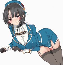Rule 34 | ascot, beret, black gloves, black hair, blue hat, blue jacket, blue skirt, breast press, breasts, chigasaki yukari, collared shirt, commentary request, dress shirt, feet out of frame, garter straps, gloves, grey thighhighs, hat, invisible chair, jacket, kantai collection, large breasts, military, military uniform, miniskirt, red eyes, shirt, short hair, simple background, sitting, skirt, takao (kancolle), thighhighs, uniform, white ascot, white background, white shirt