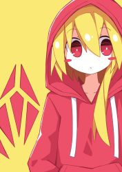 Rule 34 | 1girl, alternate wings, asameshi, blonde hair, blush stickers, bright pupils, casual, commentary, contemporary, flandre scarlet, hair between eyes, hands in pockets, hood, hood up, hoodie, long hair, long sleeves, looking at viewer, red eyes, red hoodie, side ponytail, simple background, solo, touhou, upper body, wings, yellow background