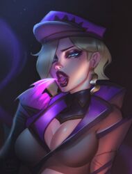 Rule 34 | 1girl, black background, blonde hair, breasts, brown jacket, cleavage, dwekou, earrings, evelynn (league of legends), gradient background, half-closed eyes, hand up, highres, jacket, jewelry, large breasts, league of legends, pink eyes, pink headwear, red lips, shiny skin, short hair, solo, soul fighter evelynn, tongue, tongue out, upper body