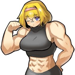 Rule 34 | 1girl, abs, alice margatroid, arm behind back, bandaid, bandaid on face, bandaid on nose, biceps, bike shorts, black shorts, black sports bra, blonde hair, blue eyes, breasts, clenched hand, closed mouth, commentary request, cookie (touhou), expressionless, flexing, hair between eyes, hairband, highres, large breasts, looking at viewer, madore, medium bangs, muscular, muscular female, one eye closed, pink hairband, sakuranbou (cookie), short hair, shorts, simple background, solo, sports bra, touhou, upper body, white background