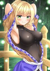 Rule 34 | 1girl, arm warmers, armpits, arms behind head, arms up, black shirt, black skirt, blonde hair, blush, breasts, bridge, brown jacket, commentary request, covered erect nipples, crying, crying with eyes open, embarrassed, eyelashes, green eyes, hair between eyes, half updo, highres, jacket, light particles, looking at viewer, medium breasts, medium hair, mizuhashi parsee, multicolored clothes, multicolored jacket, plant, pointy ears, reijing etrn, ribbon-trimmed skirt, ribbon trim, river, scarf, shirt, short ponytail, short sleeves, skin tight, skirt, smile, socks, solo, sparkle, standing, tearing up, tears, touhou, upper body, vines, white scarf