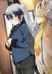 Rule 34 | 10s, 2girls, animal ears, black hair, black pantyhose, blazer, blurry, blush, bottomless, breasts, commentary request, contrapposto, cowboy shot, depth of field, ezo red fox (kemono friends), fox ears, fox tail, fur trim, gradient hair, indoors, jacket, kemono friends, long hair, medium breasts, multicolored hair, multiple girls, navel, necktie, open clothes, open shirt, panties, panties under pantyhose, pantyhose, pija (pianiishimo), shirt, silver fox (kemono friends), silver hair, standing, sweatdrop, tail, thighband pantyhose, two-tone hair, underwear, undressing, yellow eyes, yellow legwear