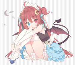 Rule 34 | 1girl, :d, ahoge, apron, black vest, black wings, blade (galaxist), blue eyes, blue skirt, blush, crescent, crescent hair ornament, demon girl, demon tail, demon wings, detached sleeves, fingernails, frilled apron, frilled skirt, frills, full body, hair ornament, heterochromia, knees up, layered skirt, long hair, long sleeves, maid headdress, nijisanji, open mouth, outstretched arm, red eyes, red hair, shirt, shoes, sitting, skirt, sleeveless, sleeveless shirt, sleeves past wrists, smile, solo, sparkle, striped, striped background, tail, tail raised, thighhighs, two side up, vertical stripes, very long hair, vest, virtual youtuber, waist apron, white apron, white footwear, white shirt, white sleeves, white thighhighs, wings, yuzuki roa