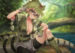 Rule 34 | 1girl, :3, adjusting hair, bike shorts, bike shorts under shorts, boots, braid, breasts, cleavage, collarbone, commentary, crocodilian tail, day, fingerless gloves, gloves, green eyes, green hair, grey shorts, guchico, hair ribbon, head tilt, kemono friends, knee boots, large breasts, long hair, looking at viewer, multicolored hair, nature, outdoors, over-rim eyewear, red ribbon, ribbon, semi-rimless eyewear, short sleeves, shorts, sitting, slit pupils, smile, solo, spectacled caiman (kemono friends), spiked gloves, tail, twin braids, v-shaped eyebrows