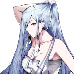 Rule 34 | 1girl, ak-12 (girls&#039; frontline), breasts, cleavage, collarbone, defy (girls&#039; frontline), girls&#039; frontline, long hair, looking at viewer, one eye covered, purple eyes, silver hair, simple background, solo, tagme, talnory, white background