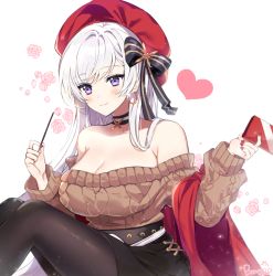 Rule 34 | 1girl, aran sweater, azur lane, belfast (azur lane), belfast (shopping with the head maid) (azur lane), beret, berrypop, black pantyhose, black skirt, breasts, brown sweater, cable knit, choker, cleavage, earrings, flower, food, hair ribbon, hat, heart, holding, holding food, holding pocky, hoop earrings, jewelry, large breasts, long hair, looking at viewer, nail polish, off-shoulder shirt, off-shoulder sweater, off shoulder, official alternate costume, pantyhose, pencil skirt, pocky, pocky day, purple eyes, red hat, red nails, red shawl, ribbon, rose, sash, shawl, shirt, sitting, skirt, solo, sweater, watermark, white background, white hair, white sash