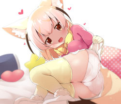 Rule 34 | 10s, 1girl, :d, animal ear fluff, animal ears, ass, bed sheet, blonde hair, blush, bow, bowtie, breasts, brown eyes, clothes lift, commentary request, fennec (kemono friends), fox ears, fox girl, fox tail, fur trim, gloves, head tilt, heart, highres, kemono friends, lifting own clothes, looking at viewer, lying, makuran, medium breasts, on side, open mouth, panties, pillow, pink shirt, pleated skirt, polka dot, puffy short sleeves, puffy sleeves, shirt, short sleeves, skirt, skirt lift, smile, solo, star (symbol), tail, thighhighs, underwear, white background, white footwear, white panties, white skirt, yellow bow, yellow bowtie, yellow thighhighs