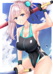 Rule 34 | 1girl, armpits, bad id, bad pixiv id, bare shoulders, black one-piece swimsuit, black ribbon, blue eyes, blue one-piece swimsuit, blue sky, blush, breasts, bun cover, cleavage, collarbone, competition swimsuit, cowboy shot, day, diffraction spikes, fate/grand order, fate (series), from side, grin, hair bun, hair ribbon, highleg, highleg swimsuit, highres, large breasts, long hair, looking at viewer, miyamoto musashi (fate), miyamoto musashi (swimsuit berserker) (fate), miyamoto musashi (swimsuit berserker) (first ascension) (fate), neneru, one-piece swimsuit, outdoors, outside border, pink hair, ponytail, ribbon, single side bun, sky, smile, solo, sparkle, standing, swimsuit, thighs, toy sword, two-tone swimsuit, water drop, wet, wristband
