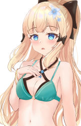 Rule 34 | 1girl, bikini, black bow, blonde hair, blue bikini, blue eyes, bow, bracelet, breasts, cleavage, commentary request, ganbariino, hair bow, highres, jewelry, layered bikini, long hair, looking at viewer, navel, ponytail, princess connect!, saren (princess connect!), saren (summer) (princess connect!), sidelocks, solo, stomach, swimsuit, triangle mouth, white background