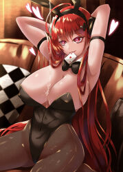 Rule 34 | 1girl, ace (playing card), ace of hearts, animal ears, arms behind head, azur lane, black horns, black leotard, breasts, brown pantyhose, card, curled horns, fake animal ears, fuyuki jun, heart, heart-shaped pupils, highres, hindenburg (azur lane), hindenburg (delirious duel) (azur lane), horns, huge breasts, leotard, long hair, mouth hold, official alternate costume, pantyhose, playboy bunny, playing card, pouring onto another, rabbit ears, red eyes, red hair, sitting, solo, strapless, strapless leotard, symbol-shaped pupils, very long hair