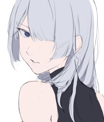 Rule 34 | ak-15 (girls&#039; frontline), blue eyes, blush, close-up, girls&#039; frontline, grey hair, looking at viewer, saiun sigma, simple background, sleeveless, twitter, upper body, white background