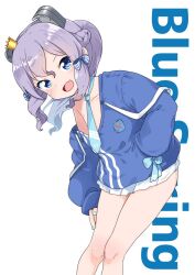 Rule 34 | 1girl, aqua nails, blue eyes, blue jacket, blush, crown, fang, flat chest, hair between eyes, hair ribbon, hand in pocket, headgear, jacket, kantai collection, langley (kancolle), lawson, long hair, long sleeves, looking at viewer, mini crown, miniskirt, nail polish, nassukun, off shoulder, official alternate costume, open mouth, ponytail, purple hair, ribbon, simple background, skin fang, skirt, solo, white background, white skirt