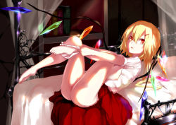 Rule 34 | 1girl, ass, barefoot, bed, bed sheet, blonde hair, book, canopy bed, flandre scarlet, indoors, long hair, looking at viewer, lying, on bed, panties, panty pull, pulled by self, red eyes, red skirt, sakushou, shirt, skirt, solo, touhou, underwear, undressing, white shirt, wings