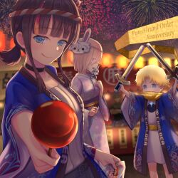 Rule 34 | 1boy, 2girls, black hair, blonde hair, blue eyes, blue kimono, blunt bangs, blush, breasts, candy apple, choker, fate/grand order, fate/requiem, fate (series), fireworks, floral print, food, fou (fate), hair over one eye, highres, inflatable toy, iro tsukikusa, japanese clothes, kimono, large breasts, licking lips, light purple hair, long sleeves, looking at viewer, low twintails, mash kyrielight, mash kyrielight (fgo fes. 2023), mask, medium hair, multicolored hair, multiple girls, open clothes, open mouth, outstretched arm, pink hair, purple eyes, sash, short hair, short twintails, sidelocks, smile, streaked hair, tongue, tongue out, toy sword, twintails, utsumi erice, voyager (fate), white kimono, wide sleeves