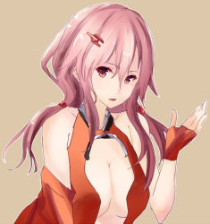 Rule 34 | 10s, 1girl, bare shoulders, breasts, center opening, cleavage, detached sleeves, elbow gloves, fingerless gloves, gloves, guilty crown, hair ornament, hairclip, long hair, looking at viewer, open mouth, pink hair, red eyes, ryosu, solo, twintails, yuzuriha inori