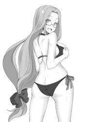 Rule 34 | 1girl, ass, bare legs, bare shoulders, bikini, blush, breast hold, breasts, butt crack, fang, fate/stay night, fate (series), glasses, greyscale, hair ribbon, large breasts, long hair, looking back, low-tied long hair, medusa (fate), medusa (rider) (fate), monochrome, ribbon, side-tie bikini bottom, smile, solo, sweat, swimsuit, very long hair, zanku