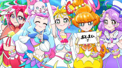 Rule 34 | 5girls, ahoge, arm up, blonde hair, blue choker, blue eyes, blue hair, blue shirt, blue sky, bow skirt, bright pupils, brown eyes, capelet, choker, clenched hands, closed eyes, closed mouth, clothing cutout, cloud, cloudy sky, colored eyelashes, commentary request, cure coral, cure flamingo, cure la mer, cure papaya, cure summer, day, dress, earrings, elbow gloves, essential ys, eyelash ornament, facial mark, fingerless gloves, flower, gloves, gradient hair, green eyes, hair flower, hair ornament, hair ribbon, hand on own hip, hat, heart, heart cutout, heart in eye, hibiscus, highres, holding, holding paper, ichinose minori, index finger raised, jewelry, korean commentary, korean text, kururun (precure), laura la mer, lipstick, long hair, long sleeves, makeup, medium dress, midriff, miniskirt, mixed-language commentary, multicolored eyes, multicolored hair, multiple girls, nail polish, navel cutout, neckerchief, orange hair, orange neckerchief, outdoors, palm tree, paper, partial commentary, partially translated, pearl hair ornament, pink hair, pink sailor collar, placard, pleated skirt, pouch, precure, purple capelet, purple choker, purple dress, purple eyes, purple hair, red flower, red hair, red sailor collar, ribbon, sailor collar, sailor hat, salute, shell brooch, shirt, short dress, shoulder cutout, side ponytail, sign, skirt, skirt set, sky, smile, standing, streaked hair, suzumura sango, symbol in eye, takizawa asuka, translation request, tree, triangle earrings, tropical-rouge! precure, very long hair, white choker, white gloves, white headwear, white neckerchief, white pupils, white ribbon, white skirt, yellow dress
