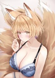 Rule 34 | 1girl, animal ears, blonde hair, blue bra, blush, bra, breasts, cleavage, closed mouth, fox ears, fox tail, highres, large breasts, looking at viewer, multiple tails, navel, sarasadou dan, short hair, slit pupils, solo, tail, touhou, underwear, underwear only, yakumo ran, yellow eyes