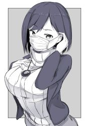 Rule 34 | 1girl, absurdres, adjusting hair, blazer, blue hair, blush, breasts, hand on own chest, highres, jacket, jewelry, large breasts, looking at viewer, mask, monochrome, mouth mask, nijisanji, pendant, shizuka rin, short hair, solo, surgical mask, sweater, taketatetakeya, turtleneck, turtleneck sweater, virtual youtuber