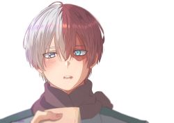 Rule 34 | 1boy, artist name, blue eyes, blush, boku no hero academia, burn scar, commentary request, grey hair, hair between eyes, highres, looking at viewer, male focus, mikazuki eru, multicolored hair, open mouth, portrait, red hair, scar, scar on face, short hair, simple background, solo, teeth, todoroki shouto, turtleneck, two-tone hair, upper body, white background