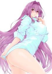 Rule 34 | 1girl, ass, blush, breasts, collared shirt, dress shirt, fate/grand order, fate (series), hair intakes, highres, large breasts, long hair, long sleeves, looking at viewer, purple hair, red eyes, scathach (fate), shirt, simple background, thighs, toyoman, white background