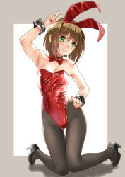 Rule 34 | 1girl, animal ears, black footwear, black pantyhose, border, bow, bowtie, brown hair, commentary request, derivative work, detached collar, fake animal ears, flat chest, green eyes, grey border, hand on own hip, high heels, highres, katahira masashi, kneeling, leotard, looking at viewer, original, pantyhose, playboy bunny, rabbit ears, rabbit girl, red bow, red bowtie, red leotard, short hair, smile, solo, strapless, strapless leotard, two-tone background, v, white background, wrist cuffs