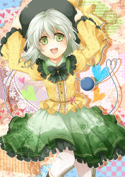 Rule 34 | 1girl, absurdres, bow, bowtie, embellished costume, female focus, frills, green eyes, green hair, hands on headwear, hat, heart, highres, komeiji koishi, looking at viewer, matching hair/eyes, mise yuzuki, open mouth, pantyhose, skirt, smile, solo, symbol-shaped pupils, touhou, white pantyhose
