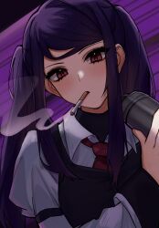 Rule 34 | 1girl, apron, black apron, blush, cigarette, cocktail shaker, collared shirt, commentary request, head tilt, highres, holding, jill stingray, juliet sleeves, long hair, long sleeves, looking at viewer, mouth hold, mugripley, necktie, puffy sleeves, purple hair, red eyes, red necktie, shirt, smoke, smoking, solo, swept bangs, twintails, upper body, va-11 hall-a, white shirt