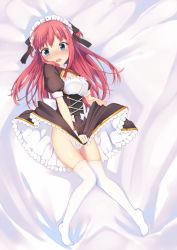 Rule 34 | 1girl, akino (1i1i1i1i), bed, blue eyes, blush, brown dress, character request, dress, dress tug, long hair, lying, maid, on back, open mouth, panties, red hair, solo, thighhighs, underwear, white panties, white thighhighs