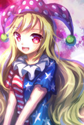 Rule 34 | 1girl, absurdres, american flag dress, blonde hair, blush, breasts, clownpiece, gradient background, hat, highres, hinasumire, jester cap, long hair, looking at viewer, open mouth, pink eyes, purple background, purple eyes, small breasts, smile, solo, touhou, upper body, very long hair
