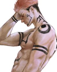 Rule 34 | 1boy, abs, body markings, closed mouth, eulbhitomi, facial mark, highres, jujutsu kaisen, large pectorals, male focus, muscular, muscular male, nipples, pectorals, pink hair, red eyes, ryoumen sukuna (jujutsu kaisen), short hair, simple background, solo, upper body, white background