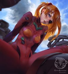 Rule 34 | 10s, 1girl, arm support, artist name, blue eyes, blue skirt, blue sky, blurry, bodysuit, breasts, cloud, cockpit, commentary, cowboy shot, crotch, day, depth of field, dutch angle, evangelion: 3.0 you can (not) redo, eyepatch, foreshortening, freckles, gluteal fold, groin tendon, head tilt, headgear, highres, hip focus, lips, looking at viewer, looking down, neon genesis evangelion, nose, orange hair, parted bangs, parted lips, pilot suit, plugsuit, realistic, rebuild of evangelion, revision, sitting, skin tight, skirt, sky, small breasts, solo, souryuu asuka langley, spread legs, tape, teemu taiga, turtleneck, twitter username, two side up