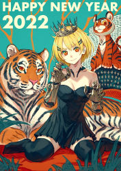 Rule 34 | 1girl, 2022, absurdres, bare shoulders, black dress, black thighhighs, blonde hair, blue background, blue eyes, breasts, claws, cleavage, closed mouth, collarbone, commentary, commentary request, crown, dress, english commentary, full body, gauntlets, hair ornament, hairclip, happy new year, highres, kusano shinta, looking at viewer, medium breasts, mixed-language commentary, multicolored eyes, new year, no shoes, orange eyes, original, red eyes, short hair, sitting, solo, strapless, strapless dress, stuffed animal, stuffed tiger, stuffed toy, thighhighs, tiger, wariza