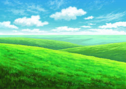 Rule 34 | bad id, bad pixiv id, blue sky, cloud, cloudy sky, commentary request, day, field, grass, hariken, hill, horizon, meadow, nature, no humans, outdoors, scenery, sky