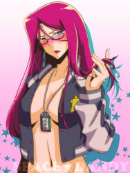 Rule 34 | 10s, 1girl, alternate hairstyle, blush, breasts, cleavage, female focus, glasses, jacket, jewelry, lipstick, long hair, makeup, nanbu arata, navel, no bra, nude, open clothes, open jacket, red lips, scarlet (space dandy), solo, space dandy