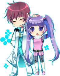 Rule 34 | 1boy, 1girl, asbel lhant, brown eyes, closed eyes, haku (wwnt), hand on another&#039;s head, o-ring, purple eyes, purple hair, sophie (tales), tales of (series), tales of graces, twintails, white background